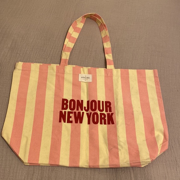Sezane Handbags - Sezane “Bonjour New York" Pink and Cream Striped Tote Bag
